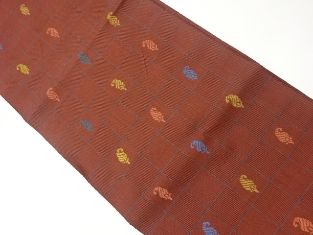 リサイクル　格子に抽象模様織出し名古屋帯